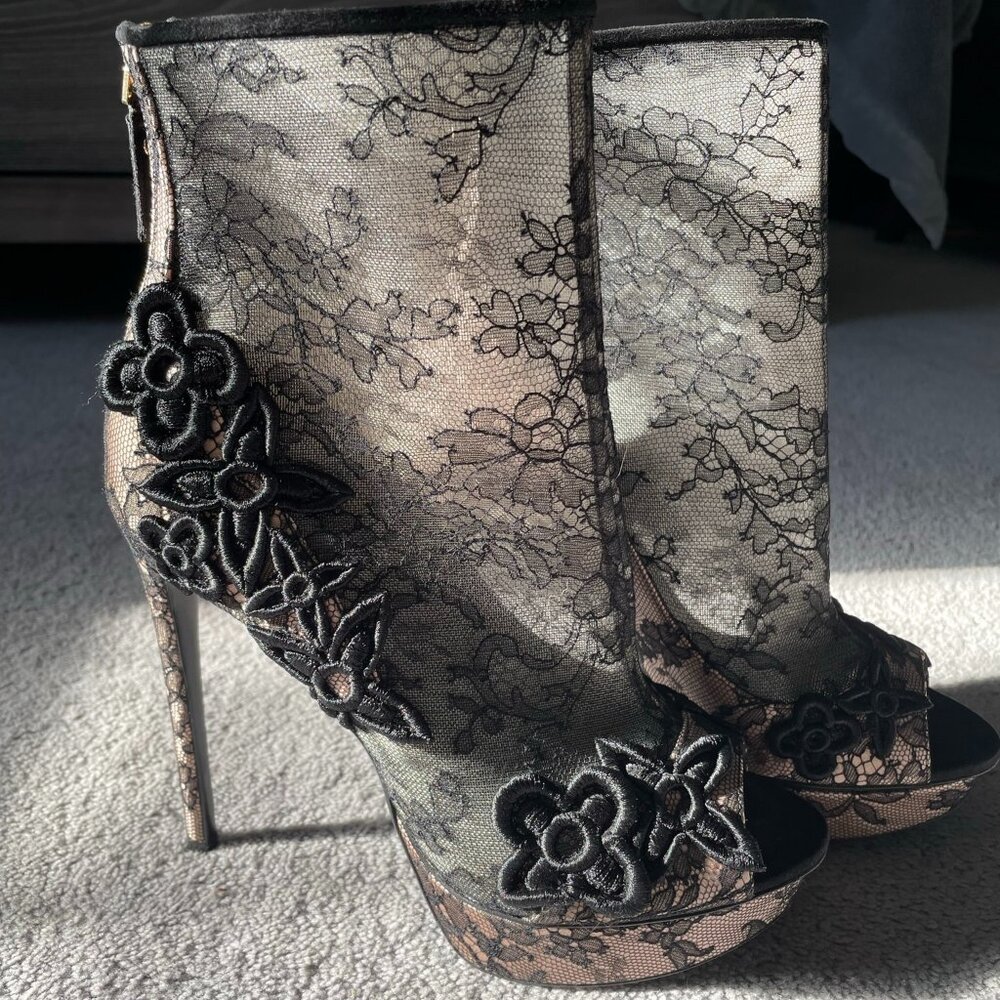 Louis Vuitton Lace Satin Open Toe Boots